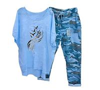 Generico Tuta Estiva Casual da Donna Completo Sportivo Leggera Due Pezzi Donna Camicia Per Anziani E Mezza Età Old Lady Top Con Maniche a Sette Punti E Completo Di Pantaloni Tuta Donna Elegante Set