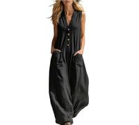 Generico Tuta intera da donna in cotone e lino, senza maniche, con scollo a V, abbottonatura frontale e gamba larga, con tasca, ideale per l'estate, per viaggi e tempo libero (Black,2XL)