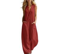 Generico Tuta intera da donna in cotone e lino, senza maniche, con scollo a V, abbottonatura frontale e gamba larga, con tasca, ideale per l'estate, per viaggi e tempo libero (Red,XL)