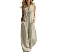 Generico Tuta intera da donna in cotone e lino, senza maniche, con scollo a V, abbottonatura frontale e gamba larga, con tasca, ideale per l'estate, per viaggi e tempo libero (Khaki,XL)
