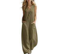 Generico Tuta intera da donna in cotone e lino, senza maniche, con scollo a V, abbottonatura frontale e gamba larga, con tasca, ideale per l'estate, per viaggi e tempo libero (Green,3XL)