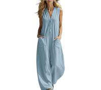 Generico Tuta intera da donna in cotone e lino, senza maniche, con scollo a V, abbottonatura frontale e gamba larga, con tasca, ideale per l'estate, per viaggi e tempo libero (Blue,XL)
