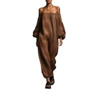 Generico Tuta intera da donna in garza trasparente con spalle scoperte, tuta intera minimalista da donna in misto lino senza spalline e maniche lunghe (Brown,M)