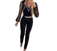 Generico Tuta Intera Donna Elegante da Cerimonia Manica Lunga Tuta da Donna Glamour con Scollo a V Nero Lucido con Cuciture a Rete Tuta Slim a Maniche Lunghe in Rete Signora Taglie Forti