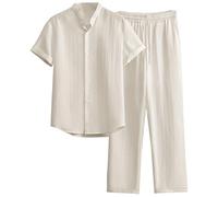 Generico Tuta per il tempo libero da uomo, in due pezzi, a maniche corte, con scollo a V, maglietta e pantaloni, elegante, 2 pezzi, leggera, yoga, pilates, matrimonio, tuta sportiva