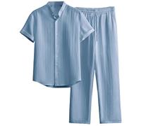Generico Tuta per il tempo libero da uomo, in due pezzi, a maniche corte, con scollo a V, maglietta e pantaloni, elegante, 2 pezzi, leggera, yoga, pilates, matrimonio, tuta sportiva