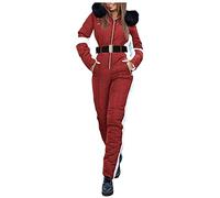 Generico Tuta Sci Donna Tuta Intera Sci Donna Tuta da neve da donna, intera, calda, per sci e snowboard, con cappuccio in pelliccia e guanti, impermeabile, abbigliamento per la neve, moda femminile