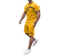 Generico Tuta Set Sportivo Uomo Camicia Maniche Corte Pantaloni Tasche Coulisse Pezzi Cotone Completino Palestra Maglietta Muscolare Pantaloncini Spiaggia Sport Multicolore Casual Curvy Training