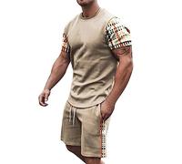 Generico Tuta Uomo Con T Shirt Stampa Digitale E Pantaloncini Sportivi Per Estate E Tempo Libero Design Morbido E Leggero Completo Uomo Estivo(Beige, M)