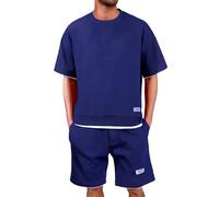 Generico Tuta Uomo Due Pezzi Waffle Completo Estivo con Maglia Scollo Tondo Maniche Corte e Pantaloni Larghi Corti Tessuto a Coste Morbido Set Casual Sportivo per Strada Urbano