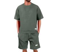 Generico Tuta Uomo Due Pezzi Waffle Completo Estivo con Maglia Scollo Tondo Maniche Corte e Pantaloni Larghi Corti Tessuto a Coste Morbido Set Casual Sportivo per Strada Urbano
