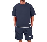 Generico Tuta Uomo Due Pezzi Waffle Completo Estivo con Maglia Scollo Tondo Maniche Corte e Pantaloni Larghi Corti Tessuto a Coste Morbido Set Casual Sportivo per Strada Urbano