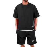 Generico Tuta Uomo Due Pezzi Waffle Completo Estivo con Maglia Scollo Tondo Maniche Corte e Pantaloni Larghi Corti Tessuto a Coste Morbido Set Casual Sportivo per Strada Urbano