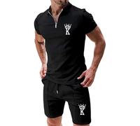 Generico Tuta Uomo Estiva Completo 2 Pezzi Polo a Manica Corta con Zip e Pantaloncini Casual Set Sportivo Texture a Nido d'Ape Abbigliamento Mare e Tempo Libero Traspirante