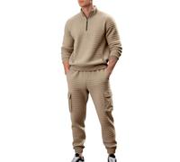 Generico Tuta Uomo Tinte Unite, Completo Uomo Casual, Felpe Senza Cappuccio Cerniera a Mezza Lunghezza E Pantaloni ; Trekking Tute con Tasche - 2 Pezzi Classic Cachi S