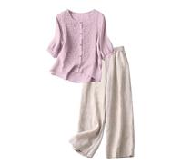 Generico Tute Estiva Donna Lino 2 Pezzi Camicia E Pantaloni Cotone Tuta Elegante Tinta Unita Completo Casual Leggera Tute Estiva Set Curvy Maniche 3/4 Completi Cerimonia Vacanza Comodi Drop Shoulder