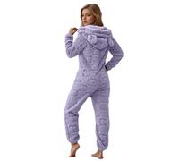 Genérico - Tutina in pile comoda, monocolore, intera, soffice, accogliente, con cappuccio, giacca, divertente, a maniche lunghe, elegante, pigiama lungo, per donna, jumpsuit in pile teddy, Viola, S