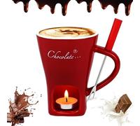 Generico Ultimate Chocolate Fondue Mug Set Ceramic Personal Melting Cup for Cheese, Ideal for Romantic Evenings - Includes Fondue Cups with Forks & Tealight Candle Mini Simmer Mug. (Red)