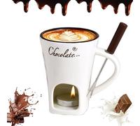 Generico Ultimate Chocolate Fondue Mug Set Ceramic Personal Melting Cup for Cheese, Ideal for Romantic Evenings - Includes Fondue Cups with Forks & Tealight Candle Mini Simmer Mug. (White)