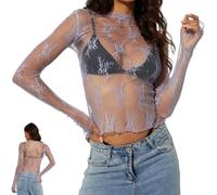 Generico Ultimatej Women's Floral Lace Thumb Hole Sheer Tee, Casual Lightweight Y2K Mock Neck Mesh Long Sleeve Top (Light Purple,M)