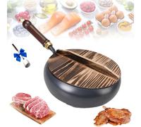 Generico Uncoated Thick Iron Pot, Japanese Iron Pan for Cooking, Uncoating Cast IronPot, Hand-Forged Non-Stick Cast Skillet, High Purity Steel Wok for Frying (Smooth-Wood Cover,10.24 in)