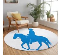 Generico Vaquero Azul Cabalgando Rotondo Tappeto 150 cm Design Di Silhouette Morbido Tappetini Rotondo, Bianco Camera da Letto Pelo Corto Tappeto Antiscivolo Lavabile Tappetini da Gioco per Interni