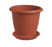 Generico Vaso cm 22 rotondo rigato per fiori e piante + Sottovaso 18 cm, Plastica Color Terracotta - Esterno, Giardino, Balcone