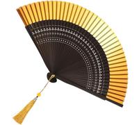 Generico Ventaglio Giallo Portatile in Stile Cinese con Nappine, Design Antico in Bambù e Tessuto, come Accessorio per Ballo e Fotografia Estiva