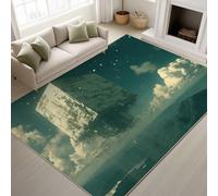 Generico Verde muschio Supporto in TPR Futuristico Cinematico Edifici Rettangolari Nuvole Uccelli Luce Bianca Tappeti Moderno Sci-Fi Adesivi antiscivolo Tappeto 80 x 150 cm Tappeto per Sala Giochi