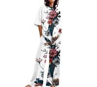 Generico Vestaglia O Kimono Donna Abiti Estivi per Donna 2 Set di Lino in Cotone T-Shirt Oversize Pantaloni a Gamba Dritta Tuta Taglie Forti Pigiama Donna 7XL (White, XXXXXL)