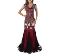 Generico Vestiti anni 20 -Abito da sera da donna anni '20, con scollo a V, con paillettes, con frange, retrò, lungo, con brillantini, sexy, a maniche lunghe, per cocktail, feste, matrimoni