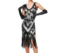 Generico Vestiti Anni 20 Donna con Paillettes e Frange in Rilievo 1920s Abito Vestito Gatsby Donna Anni 20 Vestito Charleston Gonna con Nappe e Paillettes retrò