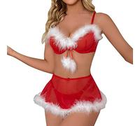 Generico Vestiti Donna Sexy Completino Donna Sexy Hot Rosso Set da 3 Pezzi Perizoma Natalizio con Bordo sfocato Set di Biancheria Intima di Biancheria Intima Lingerie Hot (Red,S)