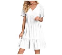 Generico Vestiti Estivi Donna Vestito in Cotone e Lino Maniche Corte Elegante Abiti Mare Casual Morbido Tinta Unita Abito al Ginocchio Boho Chic Leggeri Vestiti con Volant Taglie Forti Vacanze Mare
