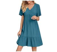 Generico Vestiti Estivi Donna Vestito in Cotone e Lino Maniche Corte Elegante Abiti Mare Casual Morbido Tinta Unita Abito al Ginocchio Boho Chic Leggeri Vestiti con Volant Taglie Forti Vacanze Mare