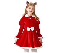 Generico Vestito Bambina Babbo Natale Rosso con Mantella e Cappuccio per Party e Performance Abito Elegante per Ragazze(Red, 140)