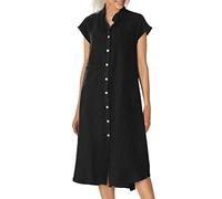 Generico Vestito Camicia Donna, Abiti Donna Corti, Scollo a V Abiti Lunghi Elegante Abito da Camicia a Maniche Corte con Bottoni E Tasche Vestito in Lino Mare Casual per La Primavera E L'Estate