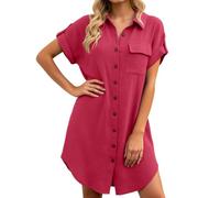 Generico Vestito Camicia Donna, Vestiti Donna Eleganti, Scollo a V Abiti Lunghi Elegante Abito da Camicia a Maniche Corte con Bottoni E Tasche Vestito in Lino Mare Casual per Primavera Estivo