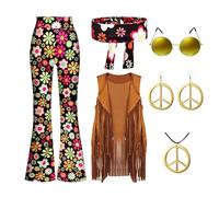 Generico Vestito carnevale donna Costume hippie da donna, da discoteca, donne, con pantaloni hippie, anno 70, costume Halloween, carnevale, vestito 60S, 70S, per adulti, ragazze