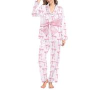 Generico Vestito Cotone Pigiama Intero Donna Women S Winter Spring Home Leisure Bow Love Loose Imitation Color DING Pajama Sleepy Pants Set Pigiami Donna Pigiama Felpato Pink XL