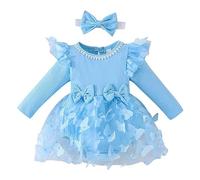 Generico Vestito da Principessa Vestito Tulle A Maniche Lunghe Abito Bambino Ragazze Principessa Abiti Indossa Una Fascia Ragazze la Festa di Compleanno Vestito da Sposa Nozze (Blue, 9-12 Months)