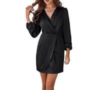 Generico Vestito Donna con Scollo a V e Maniche a Pipistrello Arricciato Vita Segnata Colore Unito Elegante per Cerimonie(Black, S)