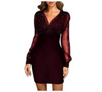Generico Vestito Donna Elegante A Trapezio con Maniche Lunghe in Rete Trasparente e Paillettes Vestiti Eleganti Stringivita Curvy Abito per Cocktail Feste Ballo Sera Cerimonia Capodanno