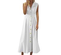 Generico Vestito Donna Elegante, Abito Camicia Estivo in Cotone E Lino Tinta Unita A Maniche Corte Casual Abiti da Mare Spiaggia Estate Vacanza Abito Estivo Donna