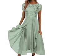 Generico Vestito Donna Midi Elegante in Pizzo Abito da Cerimonia con Maniche Corte e Gonna Volant Perfetto Come Ospite di MatrimonioLaurea e Feste (Green, XXL)