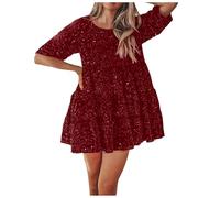 Generico Vestito Donna Mini Sequins Maniche Corte Casual Glitter Tunica T Shirt Strati Party Club Disco Danza Costume Carnevale Donna(Red, M)