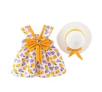 Generico Vestito Elegante Bambina,Vestitino Senza Maniche con Fiocco e Stampa Floreale per Bambine e Neonate con Cappellino Abbinato