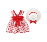 Generico Vestito Elegante Bambina,Vestitino Senza Maniche con Fiocco e Stampa Floreale per Bambine e Neonate con Cappellino Abbinato