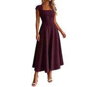 Generico Vestito Elegante Donna - Elegante Abito Midi A Tinta Unita con Scollo Quadrato E Maniche Corte Casual E alla Moda Estiva Confortevole Ed Elegante Ideale per La Casa per Quando
