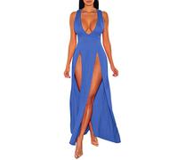 Generico Vestito Elegante Rosso Abito Lungo da Donna Sexy Estivo Abito da Discoteca con Spacco a V Profondo Abito da Discoteca Abito Casual